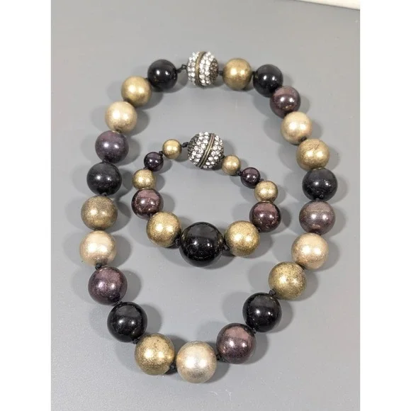 Bronze‎ Tone Black Bead Chunky Magnetic Clasp Rhinestone Necklace Bracelet Set