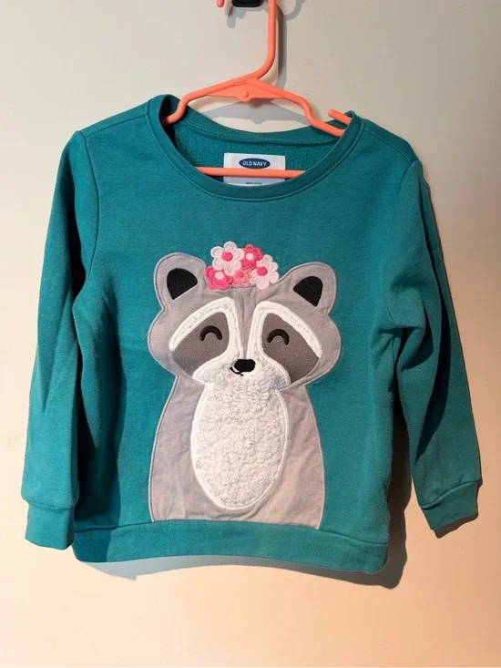Old Navy Teal Girls' Raccoon Applique Sweatshirt with Floral Accent