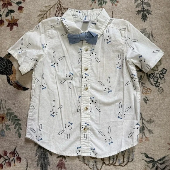 Old navy Kids White Bunny Print Shirt with Blue Bow Tie 3T