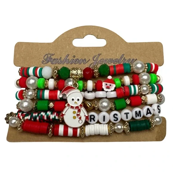 Stretchy Christmas Snowman Beaded Bracelet Stack – Festive Holiday Jewelry Set