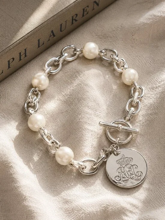 Ralph Lauren Pearl Toggle Bracelet Silver Tone Logo Disc Charm 8