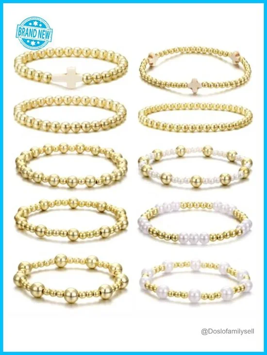 10pcs Gold Stackable Beaded Bracelets, Non Tarnish 14K Gold Plated, Dainty
