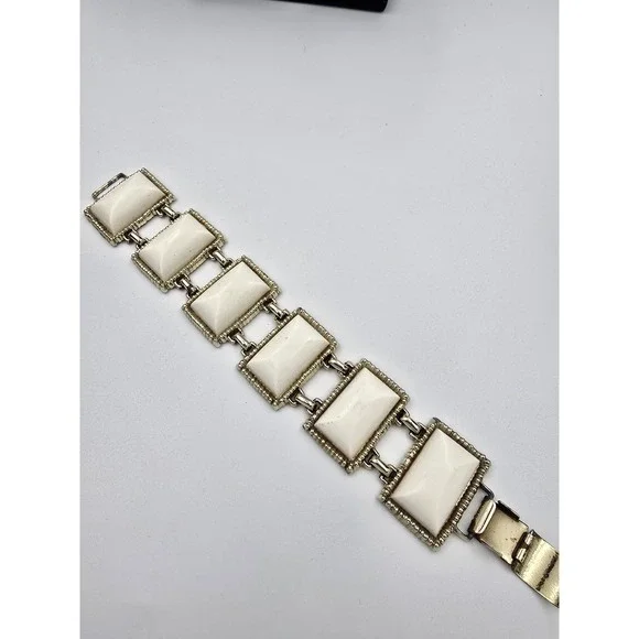 Vintage Gold Tone White Thermoset Panel‎ Link Bracelet Mid-Century Modern Style
