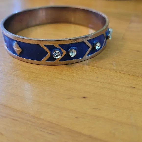 Vintage Blue Enamel Rhinestone Geometric Bangle Bracelet Brass Tone 42g