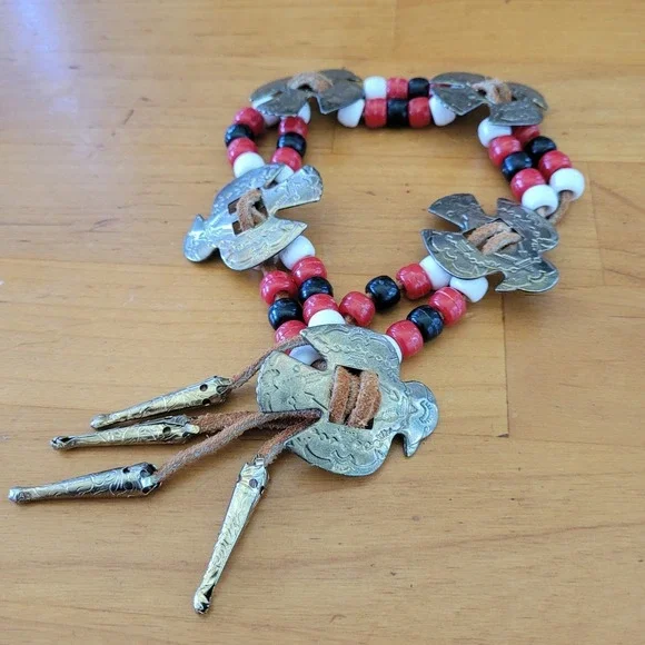 Tribal Southwestern Multi Strand Bracelet Red Black White Beads Bird Plaques 40g
