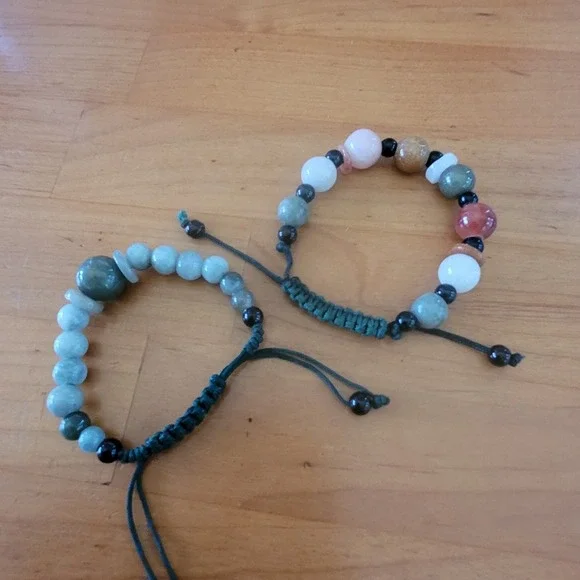 Jade Mixed Gemstone Adjustable Bracelet Pair Rose Quartz Agate Onyx