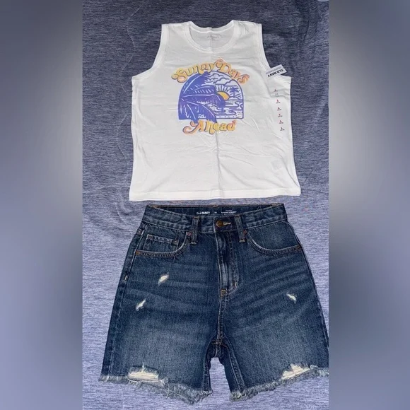 Old Navy White Tee with Graphic and Dark Blue Denim Shorts
