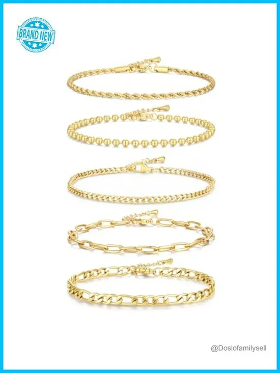 14K Gold Plated Waterproof Stackable Bracelet Set - 5 Pack Adjustable Link
