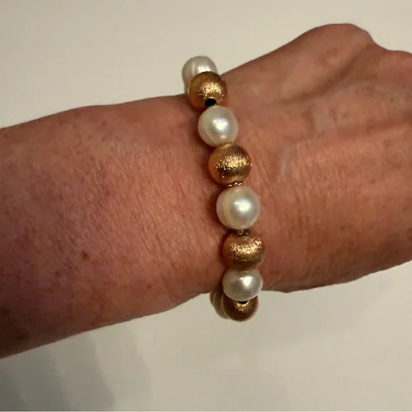 HONORA BRACELET WHITE CULTURED PEARL SATIN BRONZE BEADS MAGNETIC SIZE L 8”