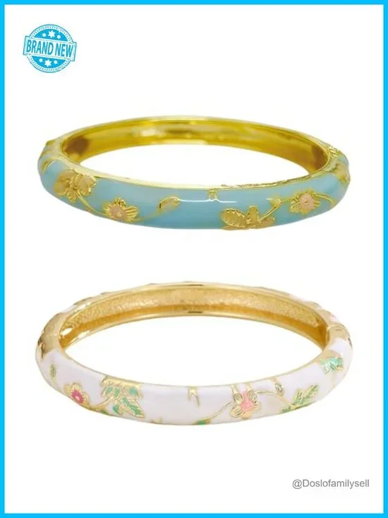 Cloisonne Bangle Bracelet Chunky Cuff Engraved Floral Enamel Gold Plated