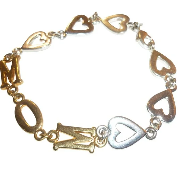 Two Tone Mom Heart Link Bracelet Silver Gold Tone Motherhood‎ Gift 7.5 Inch