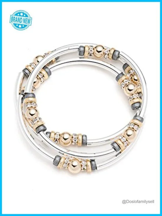 Set of 3 Stretch Bangles Tri Tone Silver and Gold Bracelets Stackable