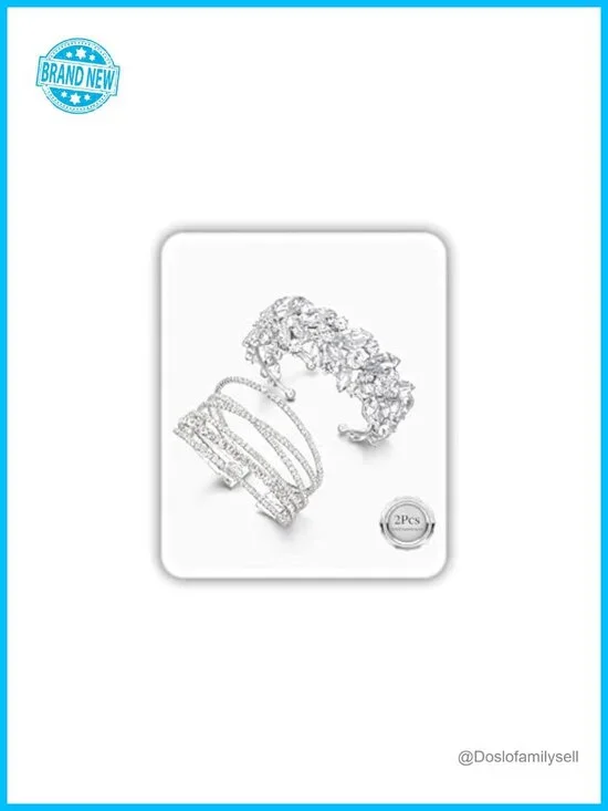 Silver Rhinestone Cuff Bracelet Set Multilayer Chunky Stretch Bangles