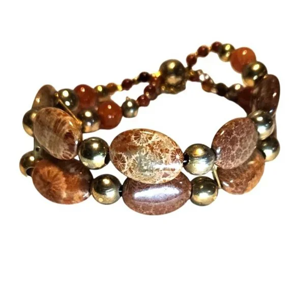 Vintage Bracelet Beaded Jasper Stone Gold-Tone Glass Magnetic Closure‎