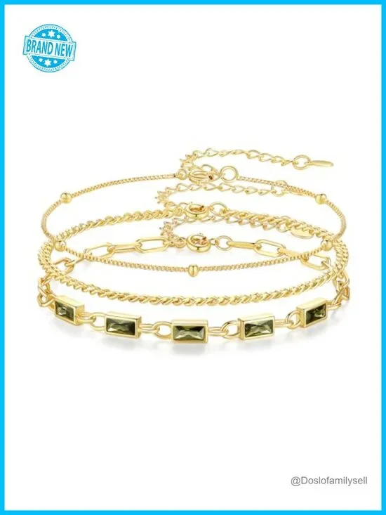 18K Gold Plated Birthstone Bracelet Set Link Paperclip Chain Stackable Dainty