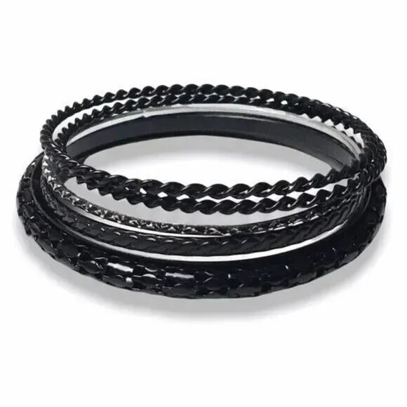 Black Bracelet Lot 5 Enameled Metal Bangles Goth Punk Gothic Costume Jewelry