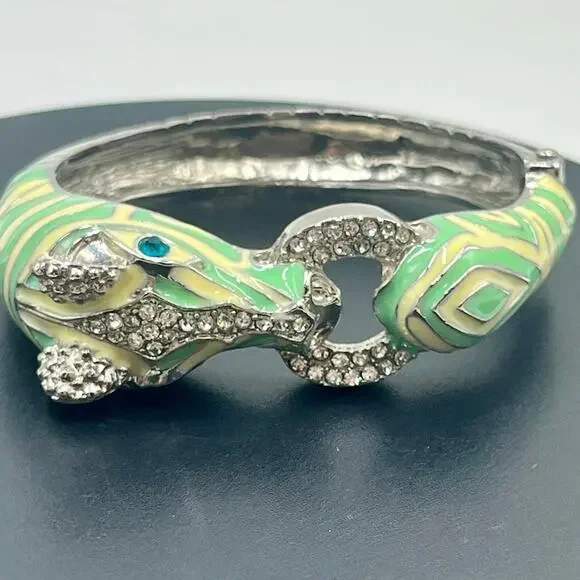 Mint and Cream Zebra with Stripes Hinged‎ Rhinestone Blue Eyes Bangle Bracelet
