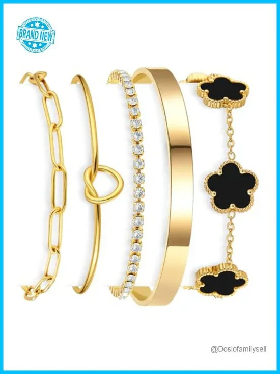 Stackable Gold Bracelet Set, 18K Gold Plated Stainless Steel, 5 Piece