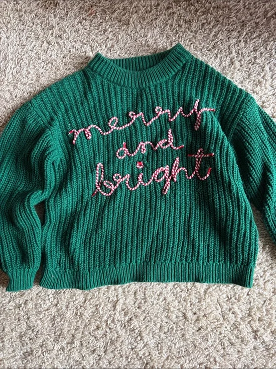 Old Navy Green Crewneck Sweater with candy cane Embroidered Script