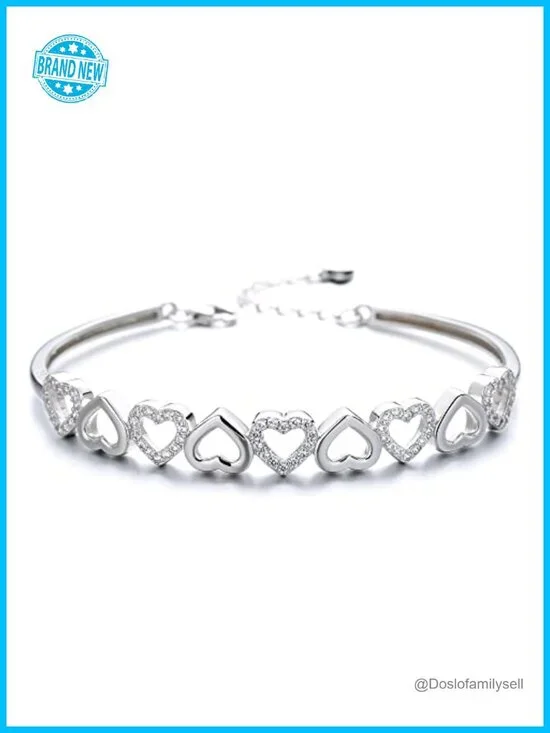 Adjustable 14K Gold Plated Heart Bangle Bracelet with Crystals