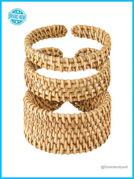 Handwoven Rattan Cuff Bracelet Set Bohemian Chunky Wrap Bangle Summer Ethnic