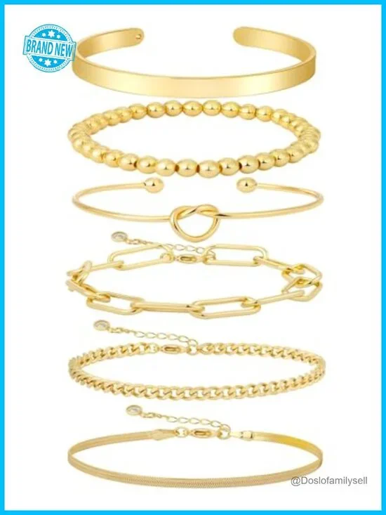 6Pc Stackable Gold Plated Bracelet Set Adjustable Non Tarnish Hypoallergenic