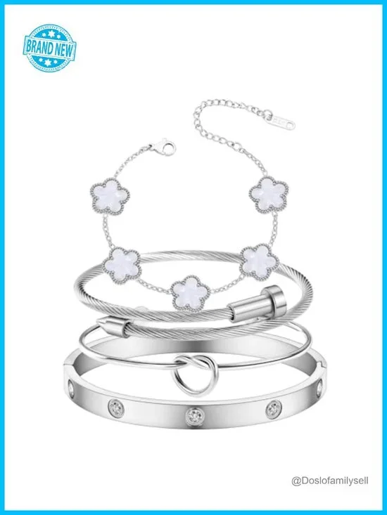 4-Piece Stackable Floral Bangle Bracelets Set Stainless Steel Non Tarnish