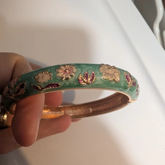 Floral Enamel Cloissone Bangle with Spring Hinge Opening