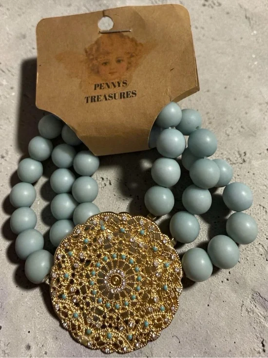 Gold Filigree & Light Blue Beaded Bracelet