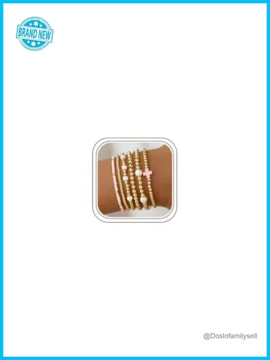 14K Gold Plated Stretch Beaded Bracelet Set - Cross Charm Elastic Pearl