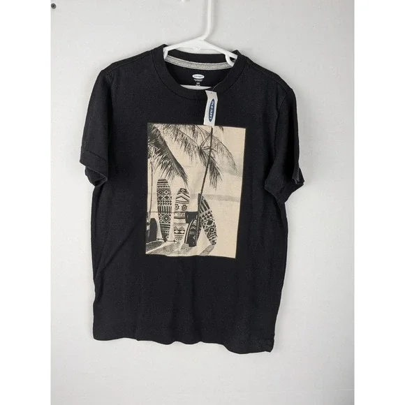 Kids Old Navy Black Surfboard‎ Palm Tree Graphic T Shirt Size S P 6 7