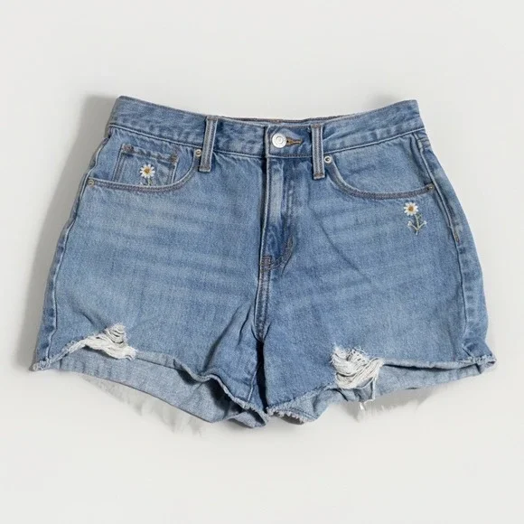 Daisy Embroidered Denim Shorts 12 Distressed Adjustable Waist Cottagecore Boho