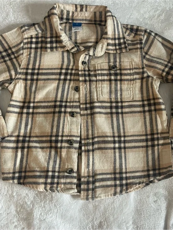 Old Navy Cream Plaid Flannel Button up Collar Shirt Sz 3T