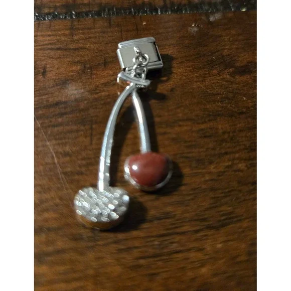 Stainless Steel Red Cherry Dangle Italian Charm Bracelet Link Rhinestone‎ Silver