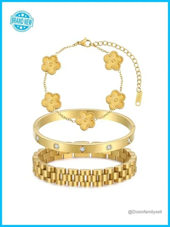 Stackable Four Leaf Clover Love Bangle Bracelets Set, 18K Gold Plated, 3 Pcs