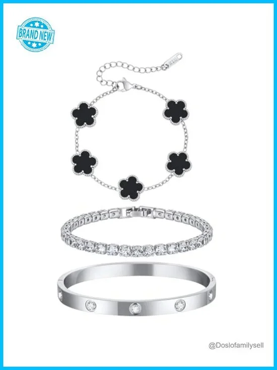 Stackable Floral Silver Bracelets - 3pc Stainless Steel Bangle Set Non Tarnish