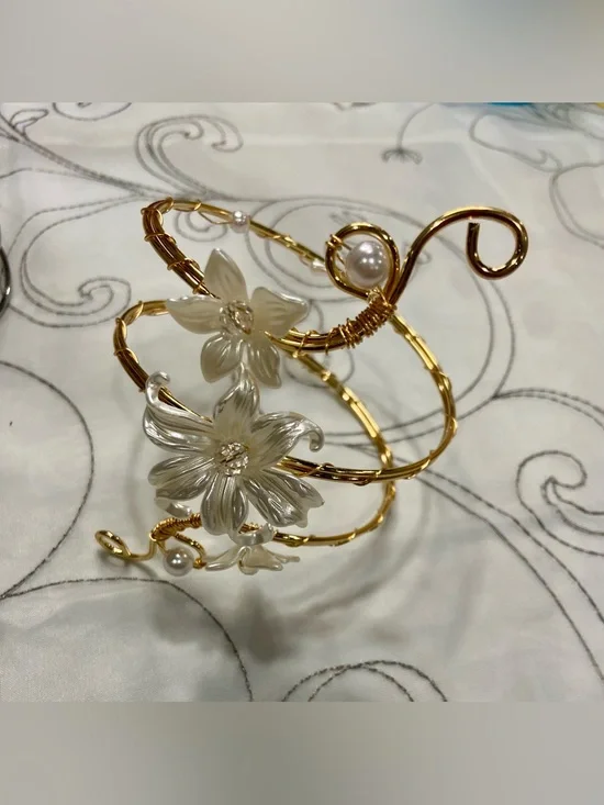 Gold Floral Pearl Spiral Cuff Bracelet/Arm Band