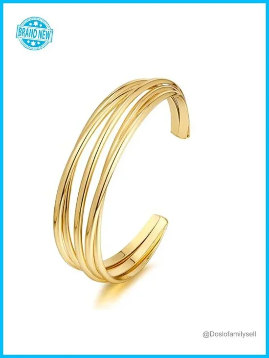 Gold Plated Chunky Multi-layer Cross Wire Open Cuff Bracelet - 18K Gold Finish