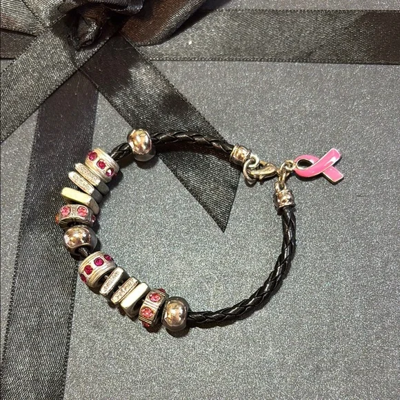 Breast Cancer Awareness Black Faux Leather Bracelet