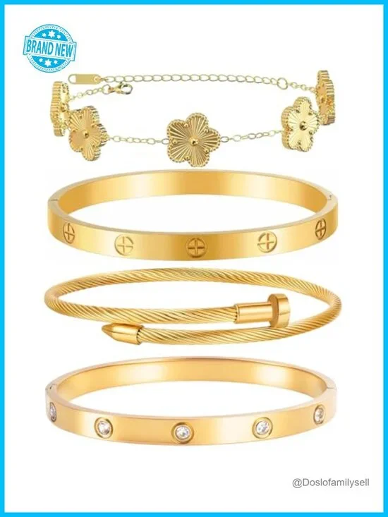 Gold Plated Stackable Floral Bangle Bracelet Set - 4Pcs Stainless Steel CZ