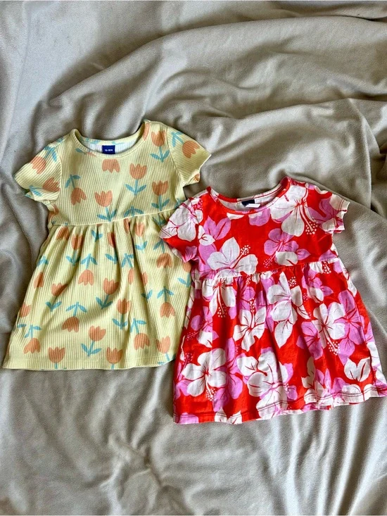 Old Navy Girls Yellow Tulip Ribbed & Pink Floral Short-Sleeve Dresses 12-18 MOS