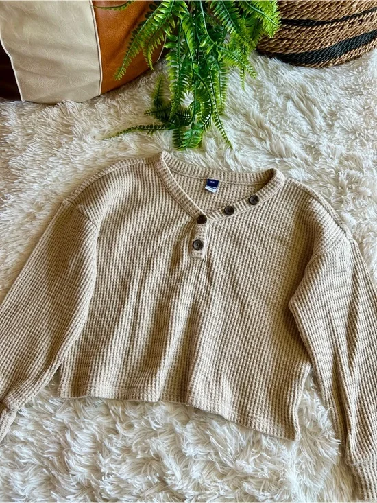 Old Navy Girls Beige Waffle Knit Henley Sweater Top Size M - 8