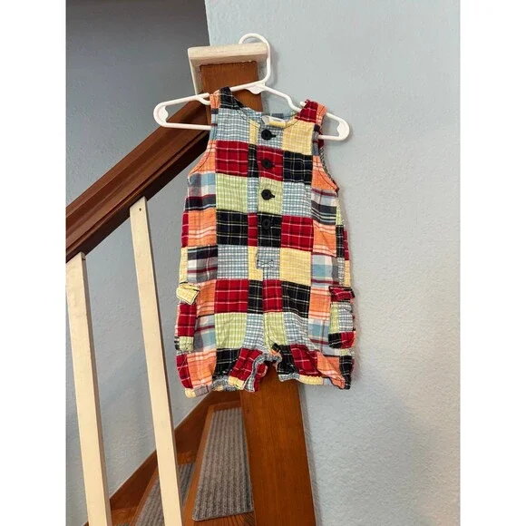 Old navy vintage Y2K madras patchwork plaid bubble romper 3/6 mths colorful