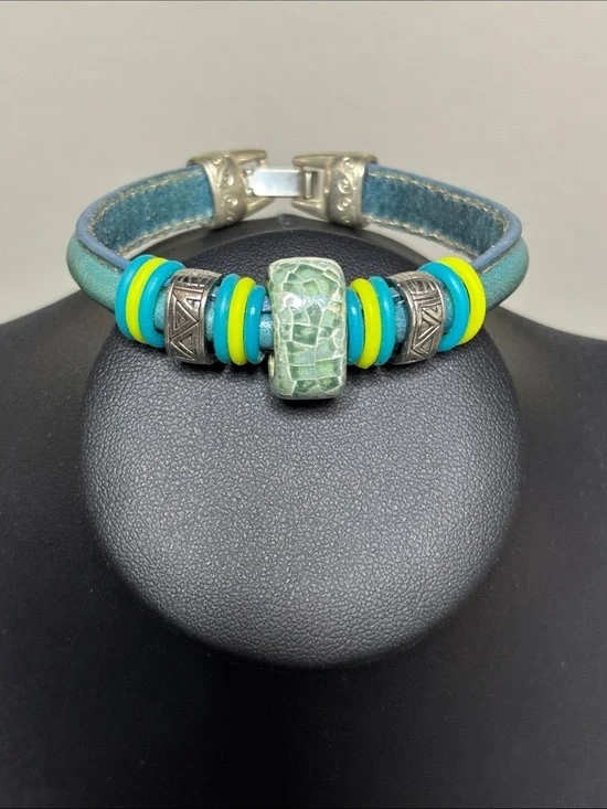 Ceramic Leather Boho Blue Green Beaded  Bracelet