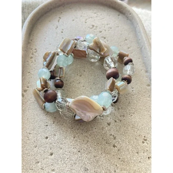 Coastal Bracelet Stack Faux Shell Clear Faceted Aqua Brown Beads Beachy‎ Stretch