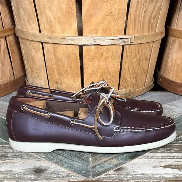 Lands' End Mainstay 2-Eye A/O Brown Leather Lace-Up Boat Shoes Mens Size 9.5 D