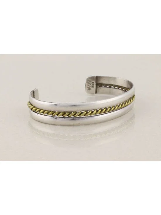 Sterling Silver Cuff Bracelet with Brass Center Rope Design Adjustable 7