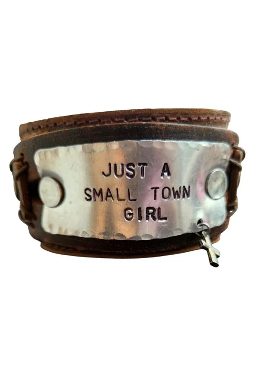 Brown Leather Cuff Bracelet Snaps Cross Silver Plate Just A Small Town Girl NWT