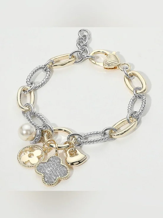 14K Gold Plated Two Tone CZ Stone Paved Quatrefoil Heart Pearl Charm Accent Brac