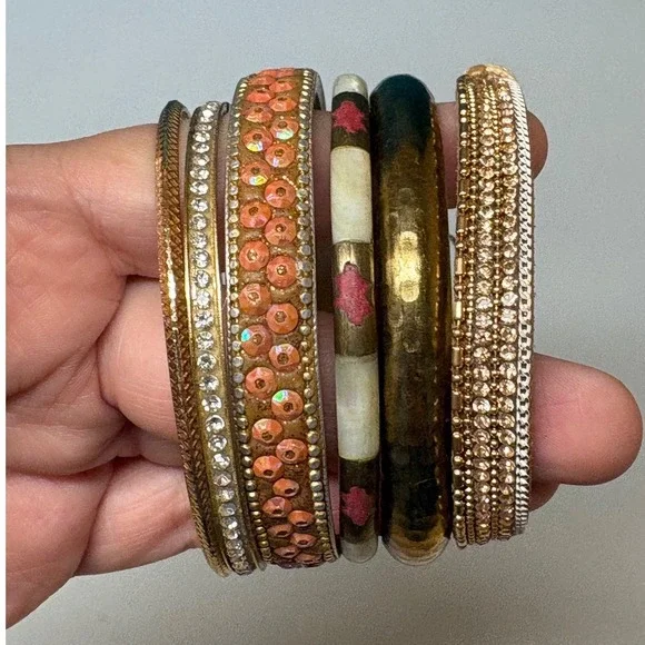 Mixed Gold Tone Boho Bangle Bracelet Set Rhinestone Shell Sequin 6pc Stack